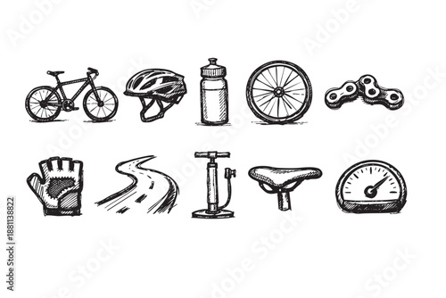 Hand-drawn sketch of cycling equipment arranged on a white background; includes bike, helmet, water bottle, wheel, chain, gloves, road, pump, saddle, and speedometer.