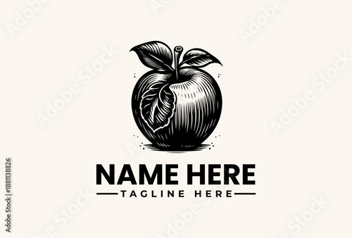 A black and white illustration of a stylized apple with a leafy top cut in half, revealing its inner structure, against a clean white background with a placeholder text for a logo and