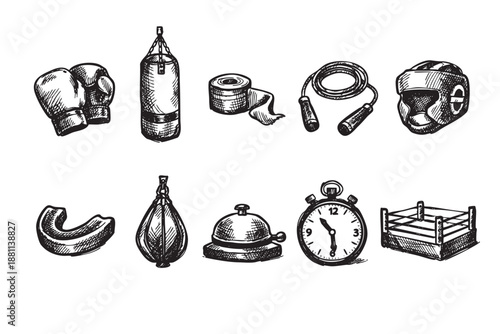 Black and white sketched illustration of boxing equipment including gloves, punching bag, jump rope, timer, and mouthguard. Useful for fitness, training, and sport related designs.