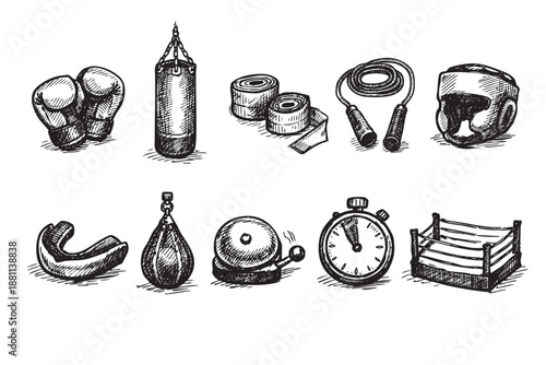 This graphic sketch depicts boxing equipment like gloves, speed bags and timers, conveying themes of training, fitness, and athletic competition with an artistic touch.