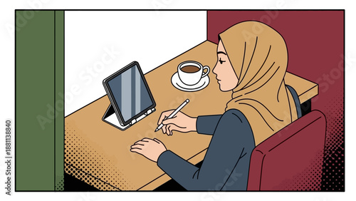 Woman in hijab working on tablet with stylus at cafe table