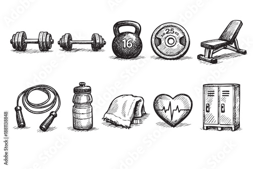 Fitness vector illustration features sketch of dumbbells, kettlebell, weight plate, bench, jump rope, water bottle, towel, heart and locker. Perfect for fitness related content.