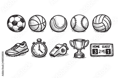 A hand-drawn illustration features sports equipment, including balls, a shoe, a stopwatch, a whistle, a trophy, and a scoreboard, set against a clean white background.