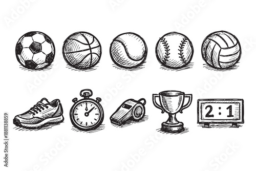 Hand-drawn sketch of various sports equipment, including balls, shoes, a stopwatch, and a scoreboard displaying 2:1, on white background.