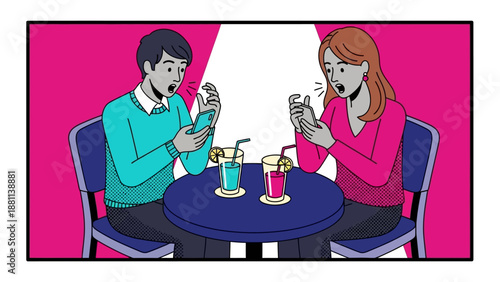 Surprised couple reacting to shocking news while drinking beverages at café