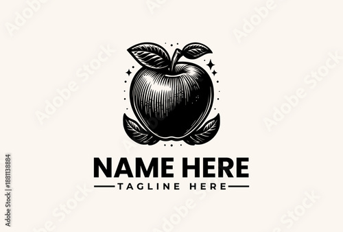Black and white illustration of an apple with leaves and decorative elements, accompanied by placeholder text for a logo or brand name on a beige background.