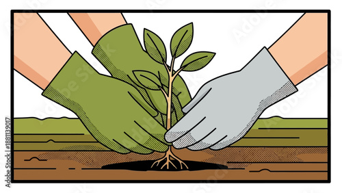 Collaborative planting hands with seedling in minimalist pop art style