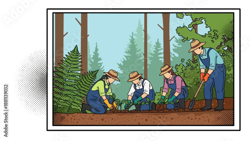 Farmers planting trees in forest setting with pop art style