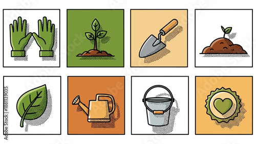 Modern gardening icons: tools, seeds, and greenery in a pop art style