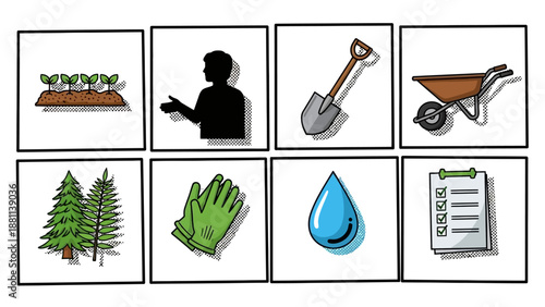 Gardening icons set: tools, plants, and more in pop art style