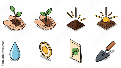 Gardening essentials: hands holding seedlings and tools in isometric style