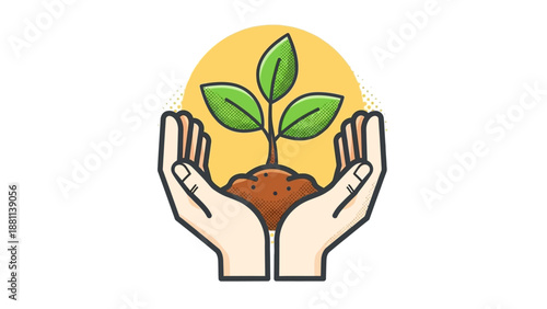 Hands nurturing a growing plant with soil in modern flat style design