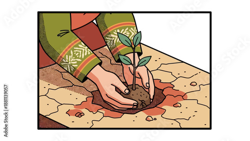 Comic style planting on dry cracked earth for environmental awareness and sustainability
