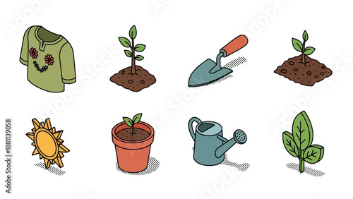 Isometric gardening icons: plants, tools, and nature elements