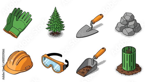 Gardening tools and equipment with pine tree and rock elements in isometric style