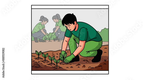 Community gardening project with volunteers planting seedlings in comic style