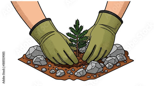 Hands planting a tree seedling in soil with rocks and gloves