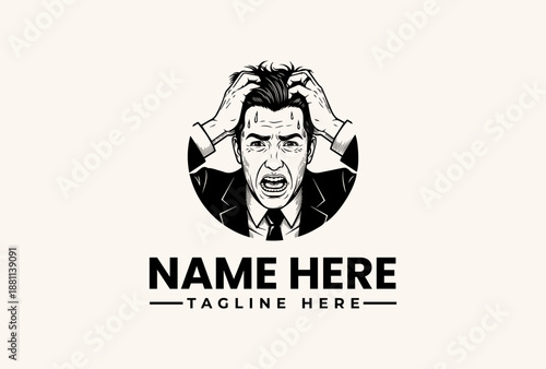 A black and white illustration of a stressed businessman with hands on head, surrounded by a circular frame, with a placeholder name and tagline on a plain beige background.