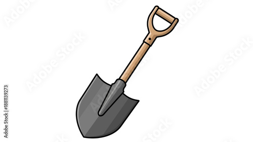 Detailed cartoon shovel with wooden handle on white background