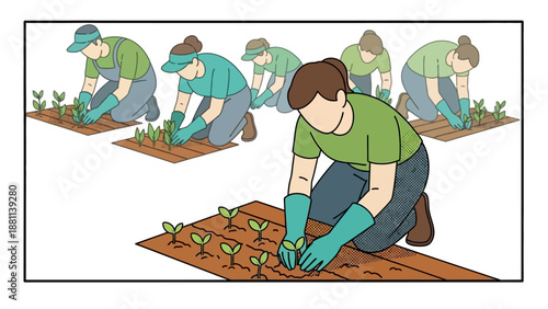 Team planting in garden: collaborative outdoor agriculture in flat style