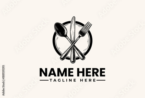 Black and white logo illustration of a plate with crossed spoon, knife, and fork, with a generic name and tagline on a beige background.
