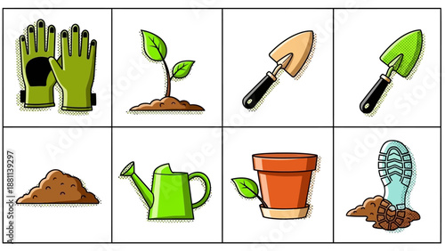 Colorful gardening icons set with tools and plants in comic style