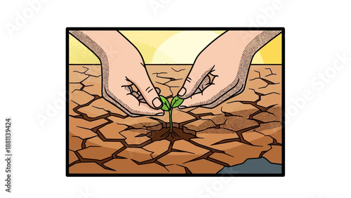Pop art depiction of hope: hands planting a seedling in arid landscape