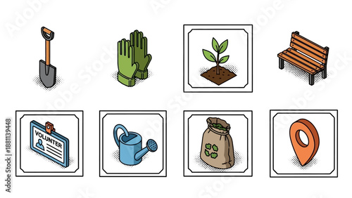 Isometric gardening tools and icons set for urban farming projects