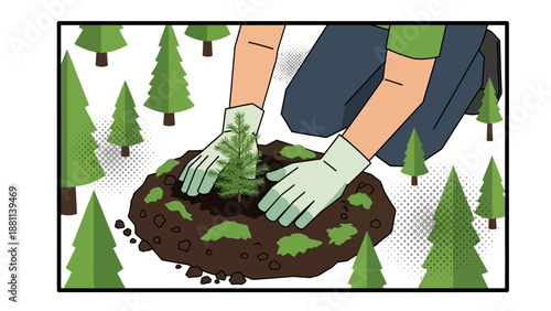 Hands planting sapling in forest: pop art style climate action depiction