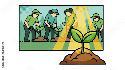 Community gardening team and vibrant seedling in bright flat design scene