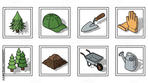 Gardening equipment and plants in pop art style with shadow effect