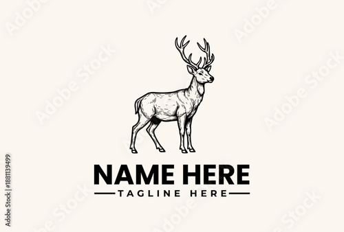 Black and white illustration of a deer with antlers and a placeholder text for a logo or brand name on a plain background.