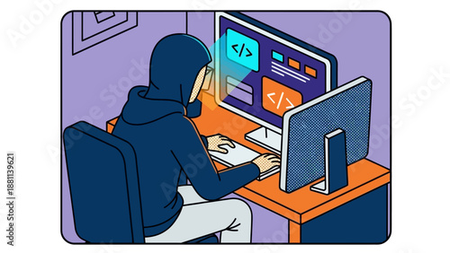 Hacker in hoodie at computer desk with code on screen in modern workspace