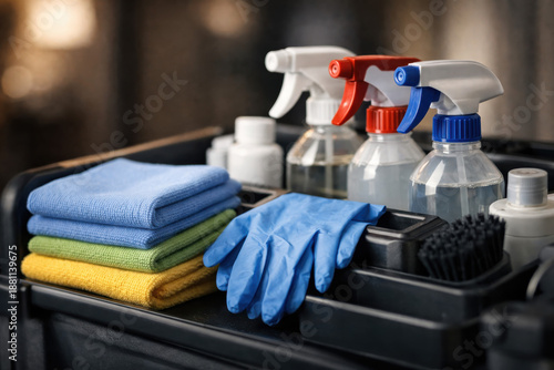 Housekeeping cleaning supplies kit with spray bottles microfiber cloths sponges rubber gloves and brushes arranged in caddy for home sanitation disinfection routine and professional janitorial service