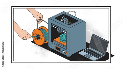 Modern 3d printing process with hands and laptop in isometric style
