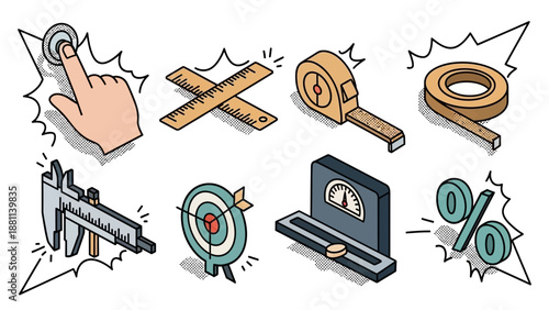 Retro pop art style measuring tools set featuring ruler, tape, target, pointer, calipers, weight scale, and percent sign