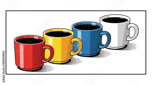 Pop art style colorful coffee mugs with halftone effect in comic design
