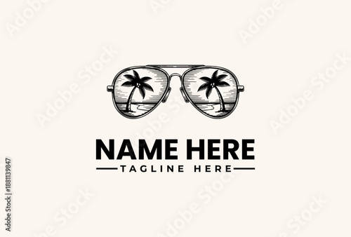 A black and white illustration of sunglasses with palm trees reflected in the lenses, accompanied by a placeholder name and tagline on a plain beige background.