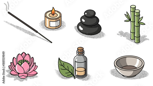 Isometric spa elements: aromatherapy, bamboo, stones, and more for relaxation and wellness