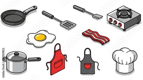 Kitchen cooking essentials in isometric pop art style
