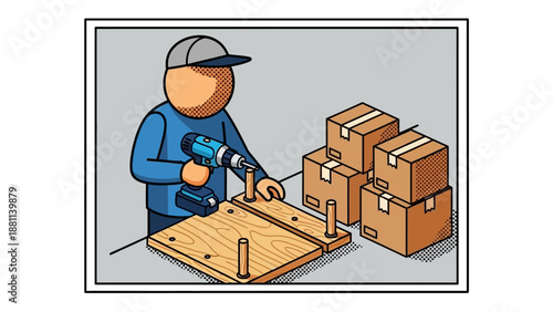 Craftsman in cap using drill assembling furniture near stacked cardboard boxes in halftone style