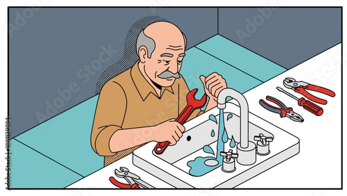 Elderly plumber fixing leaky faucet in modern kitchen scene