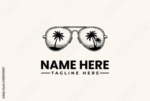 A vector illustration of sunglasses with palm trees reflected in the lenses and a placeholder text for a name and tagline on a beige background.