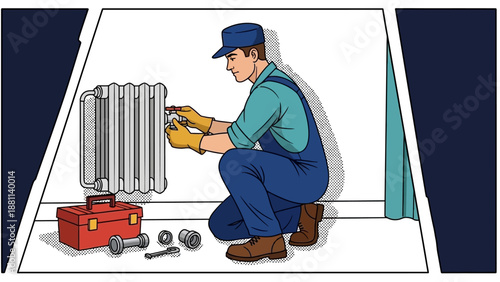 Plumber in action: maintenance of home heating system in pop art style