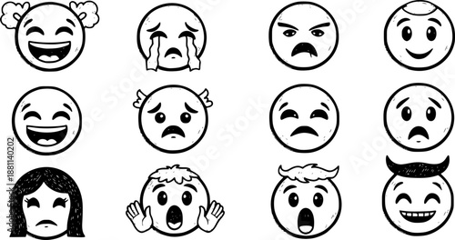 Hand drawn crayon emoji faces set. Cute doodle style cartoon expressions with various emotions. Sketch emoticons
