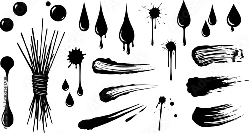 Blood drops and smears bundle. Vector collection of red splatter effects and stains.
