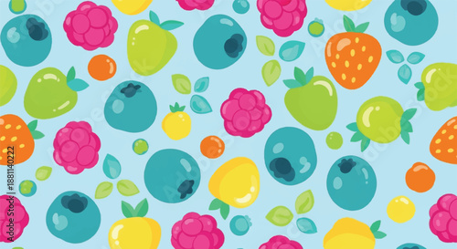 Seamless Colorful Fruit Pattern Featuring Blueberries Raspberries and Strawberries with Green Leaves on Blue Background