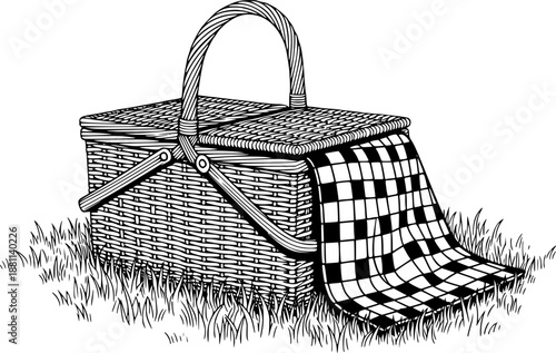 Picnic basket and blanket on grass outdoor leisure vector illustration black and white

