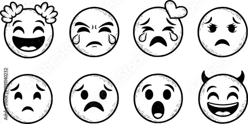 Hand drawn crayon emoji faces set. Cute doodle style cartoon expressions with various emotions. Sketch emoticons
