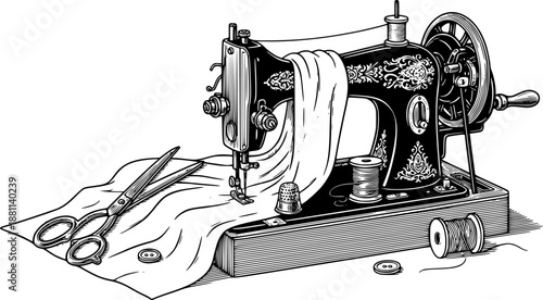 Vintage sewing machine with fabric and scissors craft hobby vector illustration black and white
